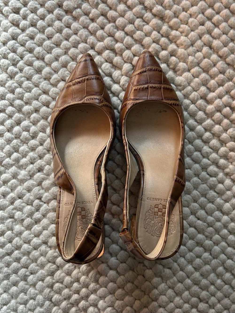 Vince Camuto Brown Croc-Embossed Pointed Slingback Mules